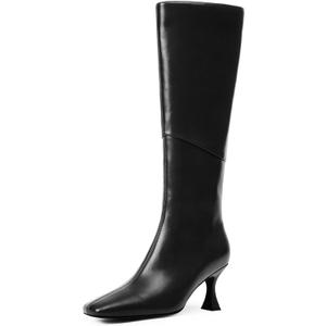 Modatope Knee High Boots Women Square Toe Tall Boots Kitten Heel Long Boots Side Zipper Dress Fashion Boots (7.5, Black Pu)