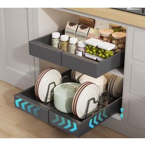 Seinloes 2 Pack Pull out Cabinet Organizer 21" Deep With Raising Pad for Framed Cabinets, Expandable (9"-14" W) Slide out Drawers for Kitchen Cabinets with 4pcs Divider Racks, Roll out Shelves, Black