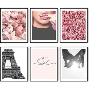 HoozGee Wall Art Prints Paris Decor for Bedroom Pink Flower Wall Decor Line Minimalist Heart Shaped Love Holding Hands Poster Fashion Paris Photography Pictures Room Decor (8"x10" UNFRAMED)