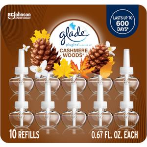 Glade PlugIns Refills Air Freshener, Scented and Essential Oils for Home and Bathroom, Cashmere Woods, 6.7 Fl Oz, 10 Count