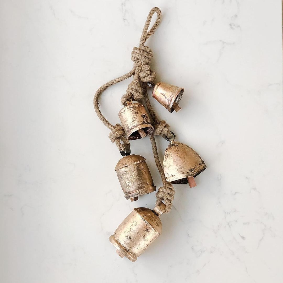 Handmade Iron Bell Hanging Chime Brass Finish Wall Rope 5 Bells Cluster Wall Hanging Dcor Bells, 29 Inch Long Hanging Bell Set - for Wreaths, Outdoor, Indoor, Christmas, Decorations