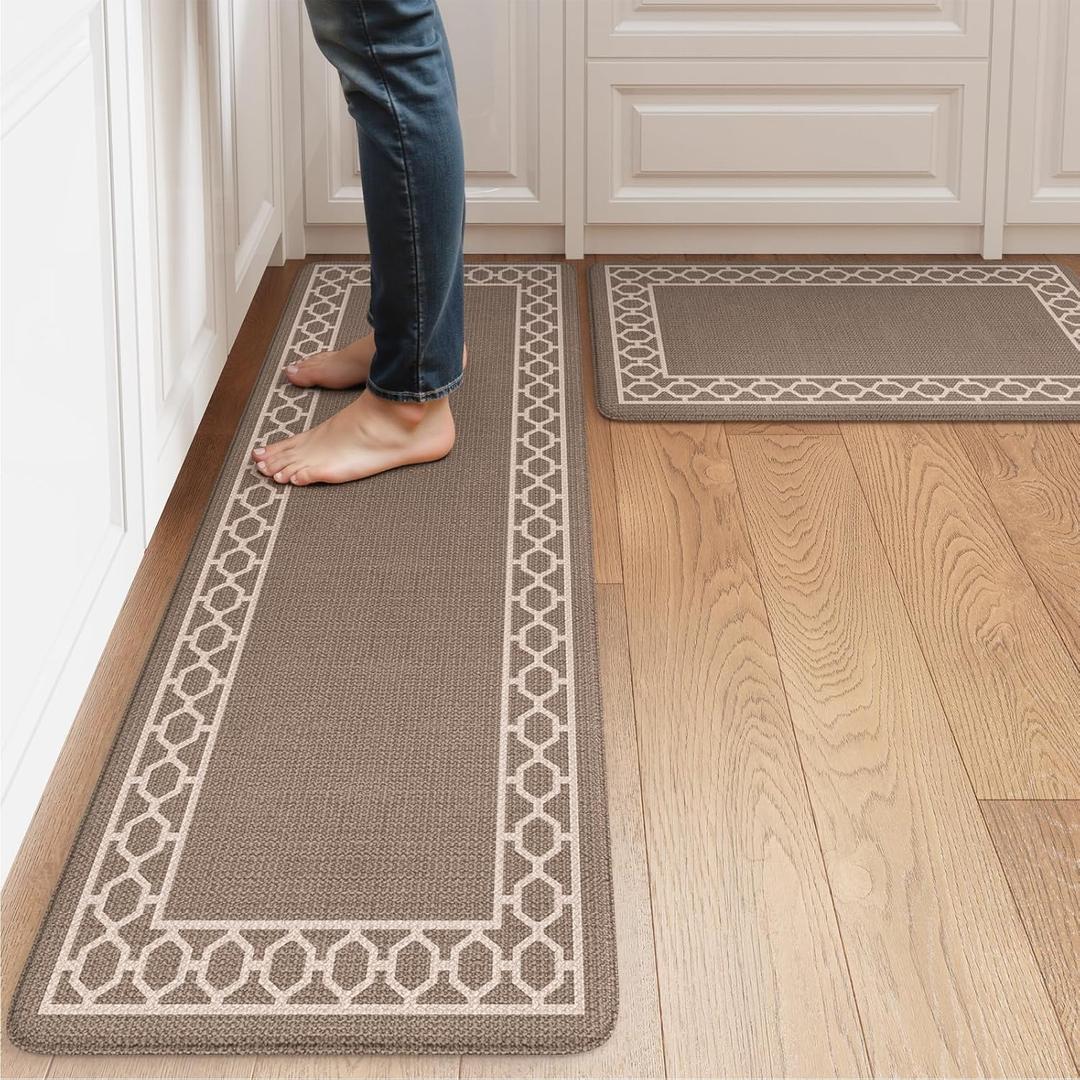 LEEVAN Kitchen Mats Cushioned Anti Fatigue Sets of 2,Waterproof Kitchen Mats for Floor,Non Slip Comfort Modern Beige Kitchen Mat for Sink,Laundry,Home,Office,Desk(17"x29"+17"x47")