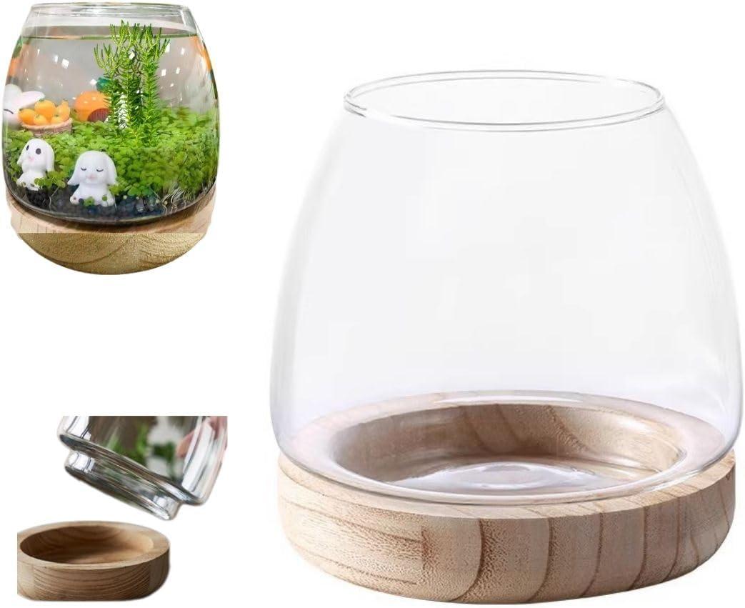 Round Fish Tank, Betta Fish Bowl Glass, Goldfish Bubble Bowl, Glass Pot for Plants, Hydroponic Plant Aquarium Fishbowl Detachable Wood Base, Small Terrarium Flower Vase, Centerpieces Desktop Decor