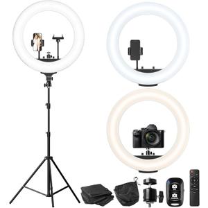 18 inch Ring Light with Stand，60W Bi-Color 3000-5800K Professional Ring Lights with Tripod for Makeup, Vlog, Tattoo, Large Ring Light for Phone, Camera, Tablet