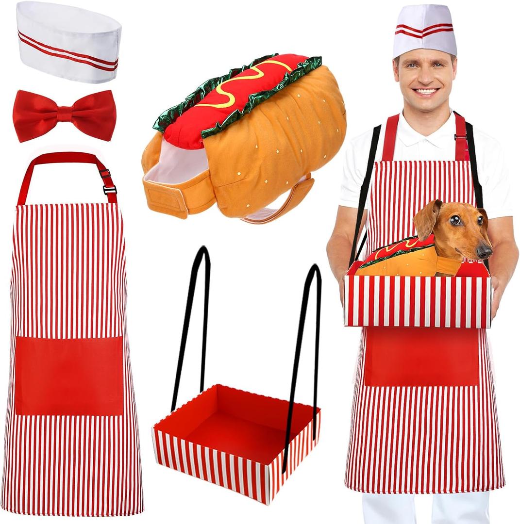 5 Pcs Adult Waiter Costume with Hot Dog Costumes Soda Jerk Popcorn Costume Christmas 50s Circus Party (Large)