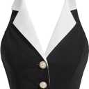 Women's Colorblock Sleeveless Turndown V Neck Collar Button Front Backless Slim Fit Crop Halter Top Tank Top Cropper (Medium, Black)