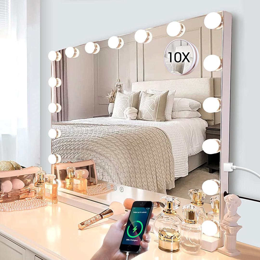 Kottova Large Vanity Mirror with Lights, 24.4"x 21.2", Hollywood Vanity Makeup Mirror with 3 Color Lights, 17 LED, USB Charging Port with Detachable 10X Spot Mirror, Touch Control, White