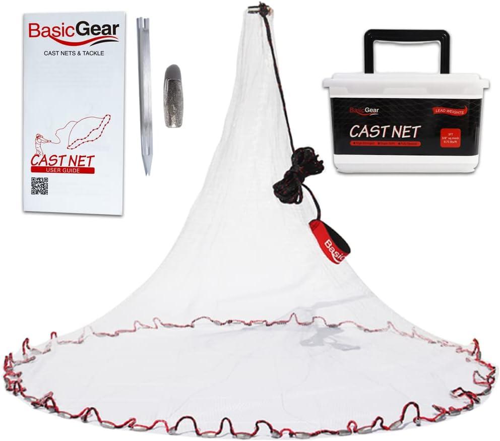 BasicGear Cast Net | Lead, 3ft-12ft Radius, 3/8 or 1/4 inch Mesh for Freshwater and Saltwater Bait Fish| Professional Grade and Upgraded Material | Throw Style