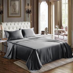 CozyLux Satin Sheets Queen Size Bed Set - 4 Piece Silky Queen Sheet Set, Luxury Dark Grey Queen Sheets with Smooth and Soft Microfiber, Includes 1 Fitted Sheet, 1 Flat Sheet and 2 Pillowcases