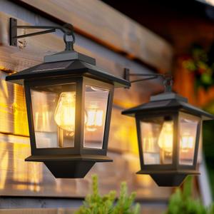 2 Pack Solar Wall Lanterns with Replaceable Bulb,Outdoor Hanging Lights with 4 Solar Panels,Dusk to Dawn Led Outdoor Wall Sconce, Anti-Rust Waterproof Lanterns with Hooks,3000K Warm White (Black)
