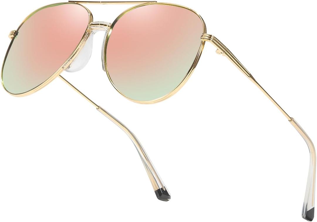 Tangle Free Aviator Sunglasses Polarized Sun Glasses for Women Men with UV Protection Fashion Trendy Shades (A05- Gold/Pink)