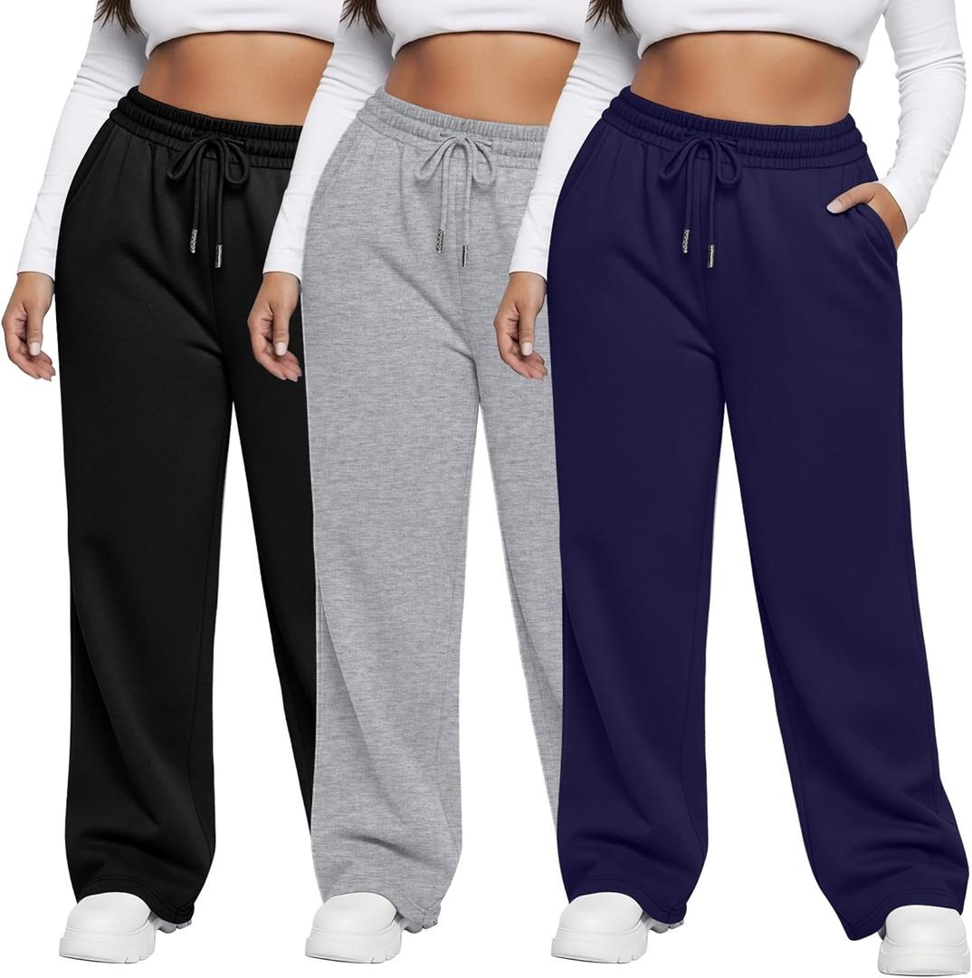 Neer 3 Pack Women's Plus Size Sweatpants Wide Leg Cargo Lounge Pants High Waist Ladies' Slacks Drawstring Jogger with Pockets(Black, Navy Blue, Light Gray, 3X-Large)