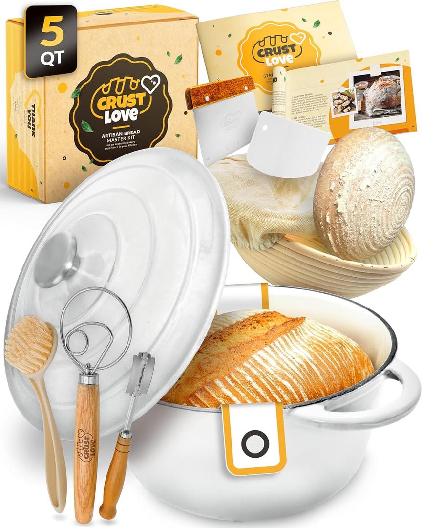 Dutch Oven for Bread Baking - incl. Sourdough Bread-Baking Supplies like Banneton Bread-Proofing Basket - 5QT Enameled Cast Iron Bread-Oven with Lid, Baking Pan, Scoring Tool Lame (White)