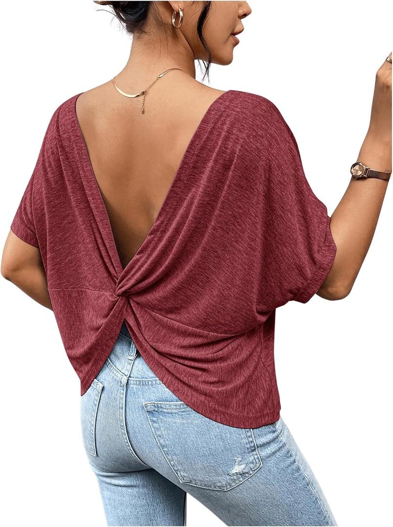 Women's Backless Twist Knot T Shirt Oversized Solid Short Sleeve Tees Open Back Asymmetrical Hem Casual Tops (Burgundy) S 
