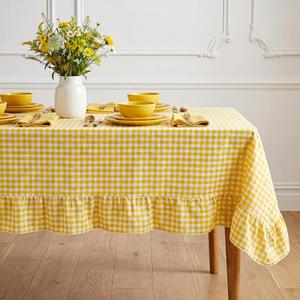 Moukeren 1 Piece Yellow Checkered Tablecloth with Ruffle Hem 60 x 90 Inches, Rectangle Farmhouse Table Cover for Kitchen, Wedding, Party, Indoor Outdoor Picnic and Daily Decor, Cotton Fabric, 9.5" x 9.5"