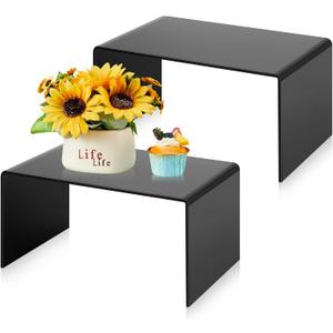 RattanView 2 Pcs 12 Inch Large Acrylic Risers Display Stands 5 mm Thick Acrylic Shelf Riser Showcase for Collectibles Jewelry Cupcakes Food Figures Perfume Cabinet (Black)
