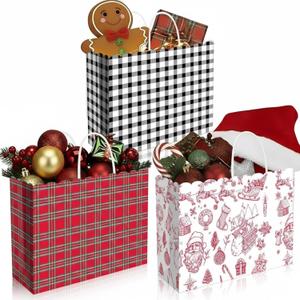 Yexiya 24 Pcs Large Christmas Paper Gift Bags Red Buffalo Check Plaid 16x6x12 Christmas Kraft Gift Bags with Handles Reusable Xmas Goodie Tote Sacks with Handle for Xmas Holiday Wrapping Present
