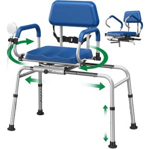 FSA/HSA Eligible Sliding Shower Chair Tub Transfer Bench for Bathtub with Swivel Seat, Padded Shower Bench with Pivoting Arms, Height Adjustable Shower Seat, 350 lbs, Blue, Larger
