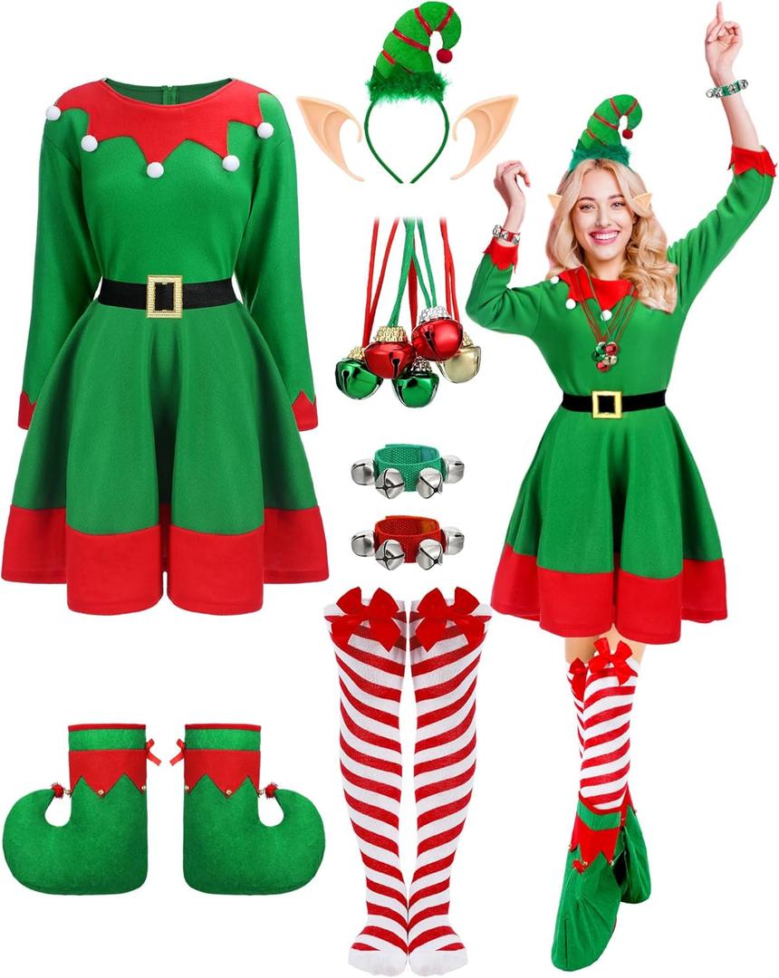 Suhine 12 Pcs Women Christmas Elf Costume Santa's Helpers Dress Outfit Elf Hat Bells Ears Shoes Xmas Fancy for Party (XL)