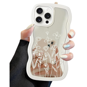 Jusy Compatible with iPhone 13 Pro Case with Wavy Edge, Cute White Branch Flower Mirror Curly Phone Cases, Shockproof Hard PC & Soft TPU Bumper Protection Cover for Women GirlsBranch Flower