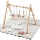 Baby Gym with Mat, Wooden Play Gym with 9 Sensory Toys, Foldable Baby Play GymFrame Activity Center, Natural Pine Wood, Montessori Toys, Easy to Assemble & Clean, Natural Color