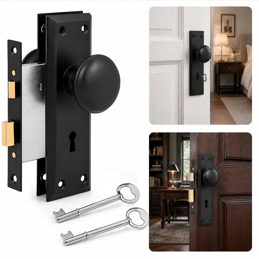 Matte Black Vintage Mortise Lock Set with Round Door Knobs