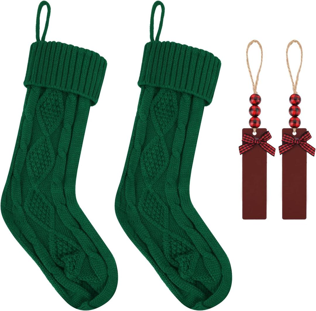 2Pack Personalized Christmas Stockings - 18 Inch Large Cable Knitted Xmas Hanging Stockings with DIY Wooden Name Tags for Family Holiday Decor (Green)