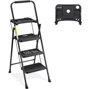 HBTower 3 Step Ladder with Tool Tray, Folding Step Stool with Wide Non-Slip Pedal and Comfort Handgrip for Household and Office, Lightweight 500lbs Capacity Step Ladder, Black