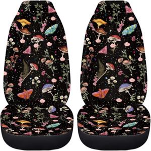 Cottagecore Mushroom Moth Wild Starry Print 2 Pieces Car Seat Covers for Front Seat Universal Fit Most Truck SUV Van Boho Car Accessories Auto Interior Decor for Women's Vehicle