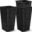 Worth Garden 2-Pack 22" H. Black Square Tapered Planter with Inside Pots - Plastic Plant Pots for Indoor Outdoor - Modern Wavy Finish Decorative Flower Pots for Front Porch Containers Patio Deck