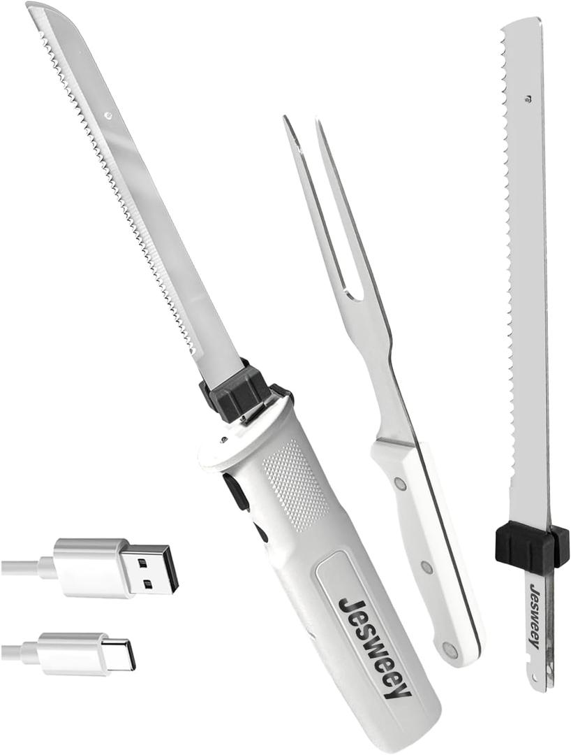 Cordless Electric Carving Knife for Meat Slicing, Fish, Bread, Turkey, Ergonomic Handle, Serving Fork Included, Storage Case& Safety Lock (White)