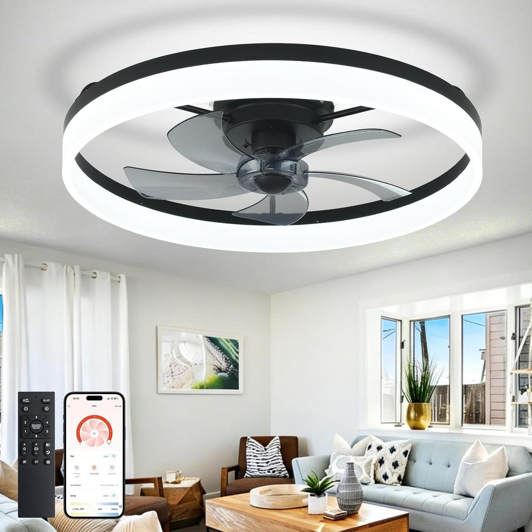 DLLT Bladeless Ceiling Fans with Lights: 24 Inch Modern Flush Mount Low Profile Ceiling Fan with APP Remote Control - Black Enclosed LED Fandelier Dimmable Quiet DC Motor for Bedroom Living Room