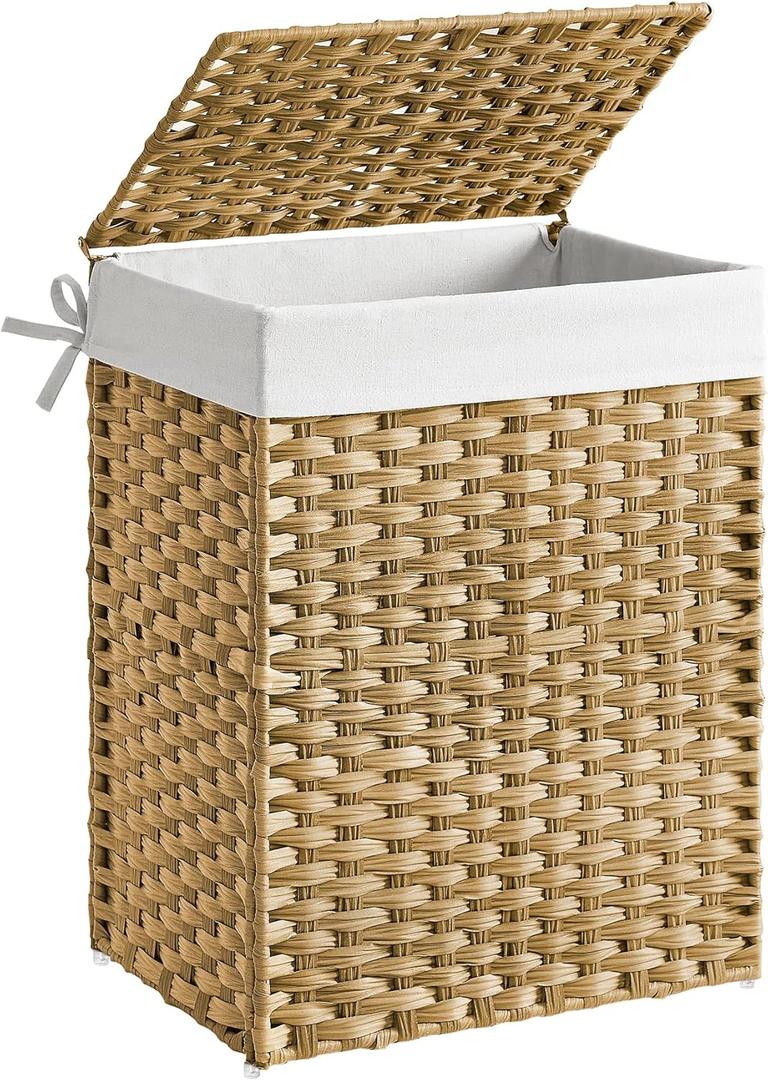 SONGMICS Handwoven Laundry Basket, 90L Synthetic Rattan Clothes Hamper with Lid and Handles, Foldable, Removable Liner Bag, Natural LCB51NL SONGMICS Handwoven Laundry Basket, 90L Synthetic Rattan Clothes Hamper with Lid and Handles, Foldable, Removable Liner Bag, Natural LCB51NL