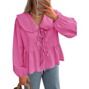 ZESICA Women's Tie Front Peplum Tops Long Puff Sleeve Lapel Collar Cute Babydoll Blouses Shirts (Hot Pink) S