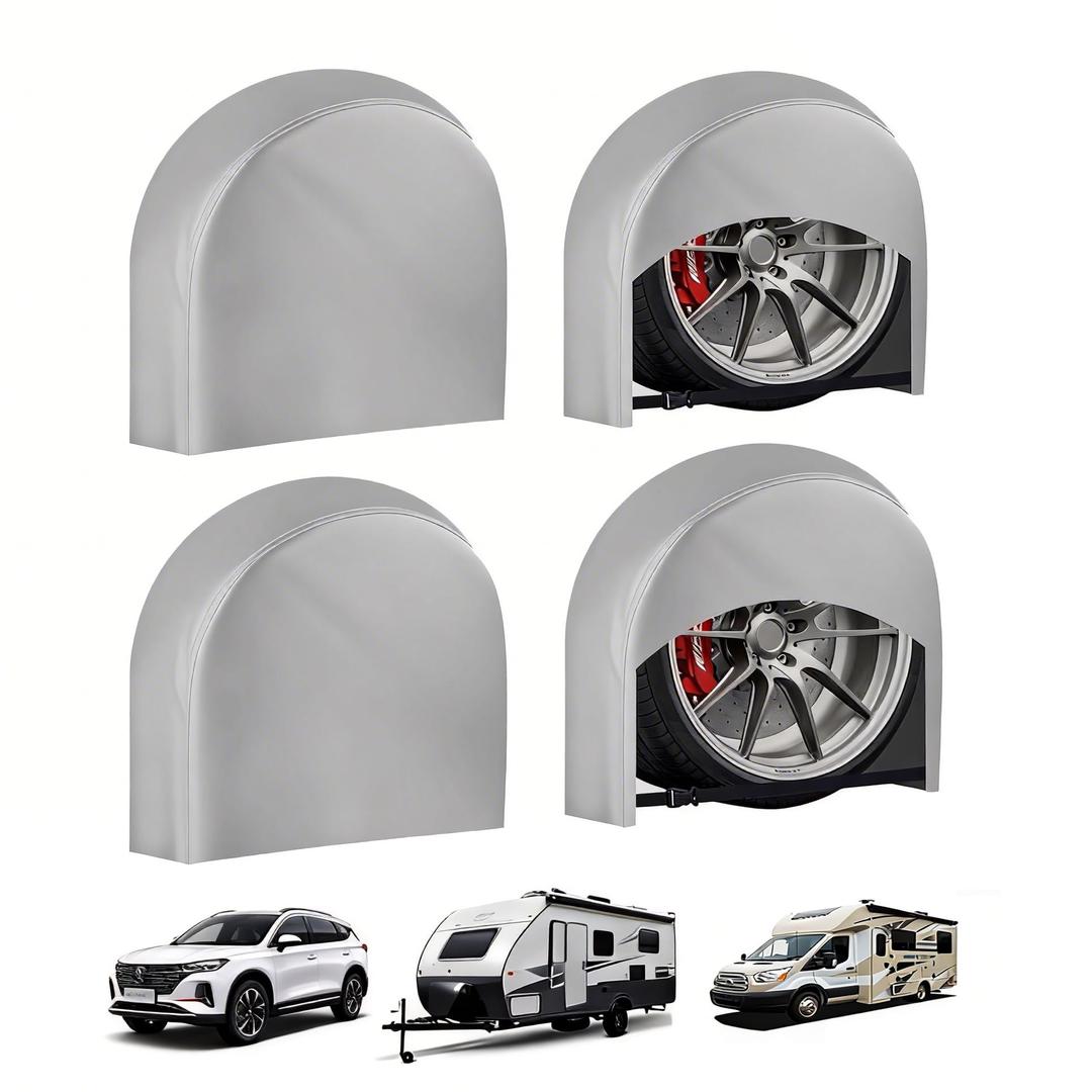 Tire Covers 4 Pack, Trailer,RV,Camper,Truc,SUV,Boat Wheel Cover for Paint Masker/Protection, Tough Covers UV Resistant Dustproof Water,Bring Windproof Buckle (FitsTire Diameters 24"-26",Silver)