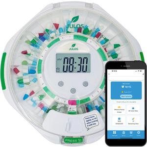 JULOS Bluetooth 28-Day Automatic Pill Dispenser with Lock, Medication Organizer up to 9 Alarms/Day, Sound & Light Alarms, Ezi-Read LCD & App Alert for Prescriptions, Vitamins, Clear Lid
