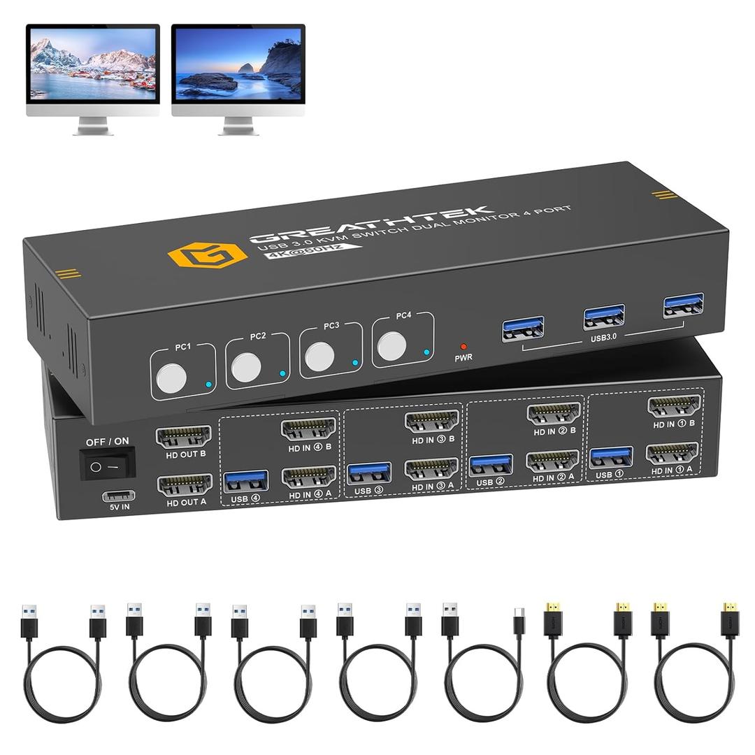 HDMI KVM Switch 4 Computers 2 Monitors with 3 USB3.0 Ports, 4K@60Hz Dual Monitor KVM Switch 4 Port for 4 PCs Share 2 Monitors, Support Button Switch, Adaptive EDID, 4 in 2 Out (Dark Gray)