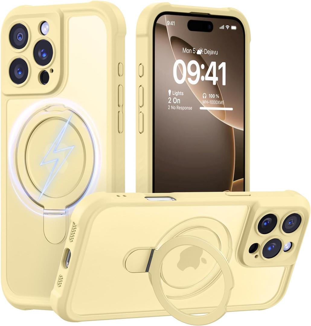 MOCCA Design for iPhone 16 Pro Max Case with Magnetic Invisible Stand [Full Camera Protection] [Compatible with Magsafe] Military Drop Shockproof Translucent Matte Phone Case Cover 6.9",Creamy Yellow