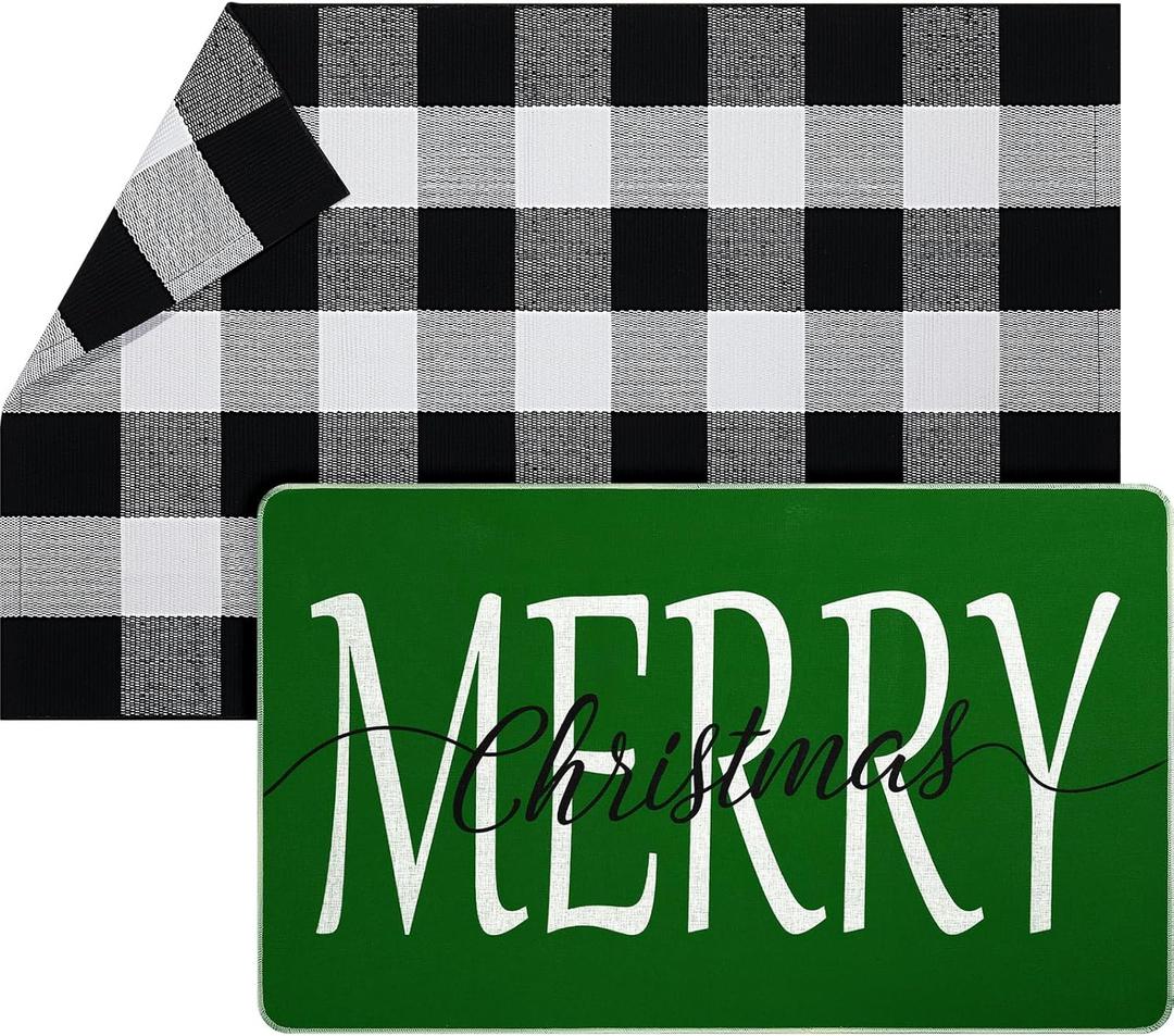 Geelin 2 Pcs Christmas Door Mat Outdoor Merry Christmas Front Door Mats Buffalo Checkered Rug (30'' x 18'' and 43'' x 27.5'') for Home Entrance Indoor Outdoor Decorative Coir Rugs (Green)