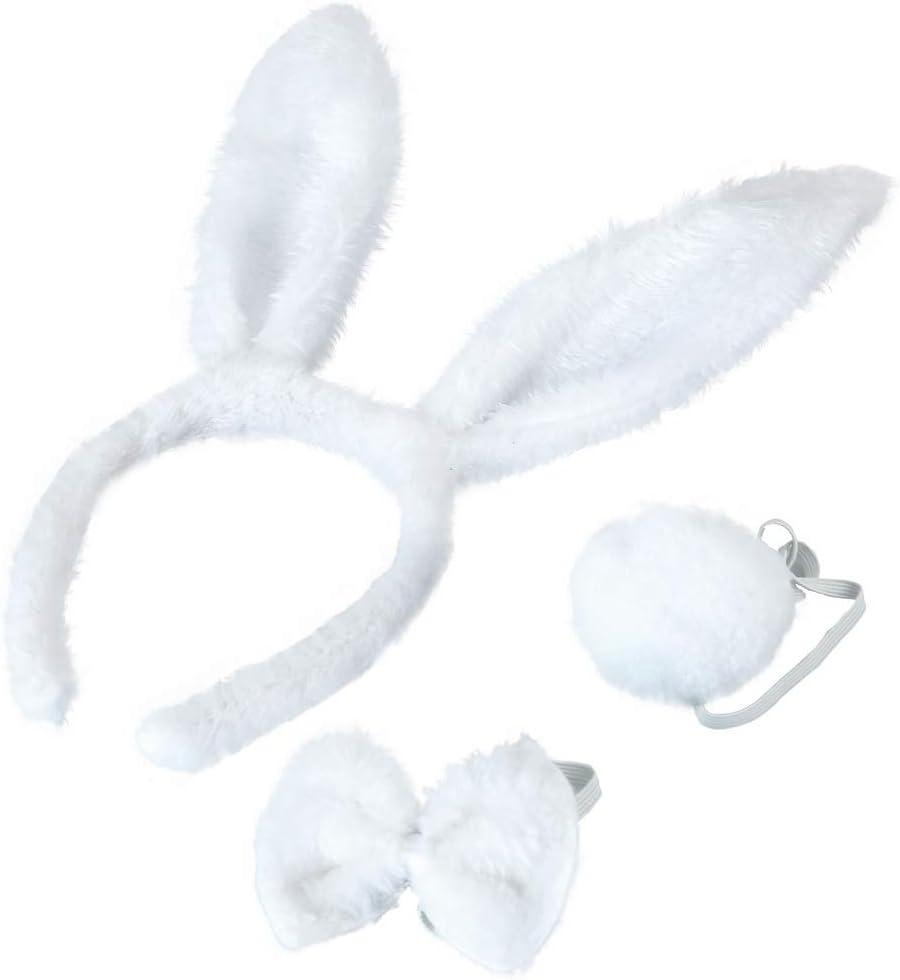 BinaryABC Bunny Rabbit Costume Set,Ears Headband Bow Ties Tail Set,Halloween Costume Assesories (White)