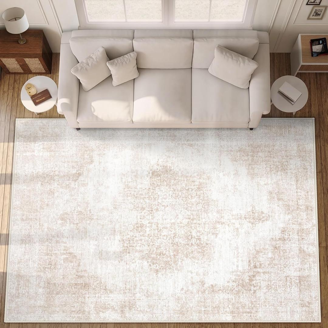 Area Rug 9x12 Vintage Rugs: Large Washable Living Room Rug Retro Medallion Distressed Soft Low Pile Non-Slip Rugs Indoor Floor Carpet for Bedroom Dining Table Office (Beige/Brown,9'x12')
