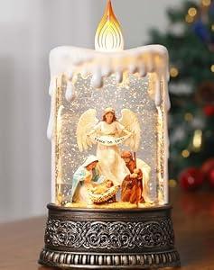 Lffital Nativity Christmas Snow Globe Candle, Angel Snow Globe Lantern with Music Timer Swirling Glitter, Christmas Decorations for Home Decor Festival Gife, USB & Battery Operated 10 Inch