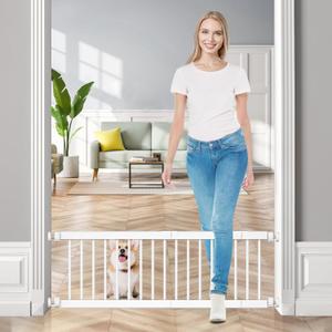 Dog Gate Indoor,18"-45" Extra Wide Metal Short Dog Gate to Step Over, 14" Tall Small Pet Gate with 3 Extension Kits, Pressure Mounted for Doorways & Stairs (18-45''W*14''H, White)