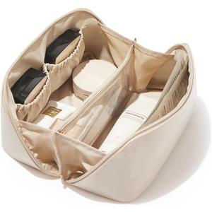 EACHY Travel Makeup Bag, Large Capacity Cosmetic Bag for Women, Waterproof PU Leather, Flat Open Portable Toiletry Bag for Skincare, Brushes & Travel Essentials