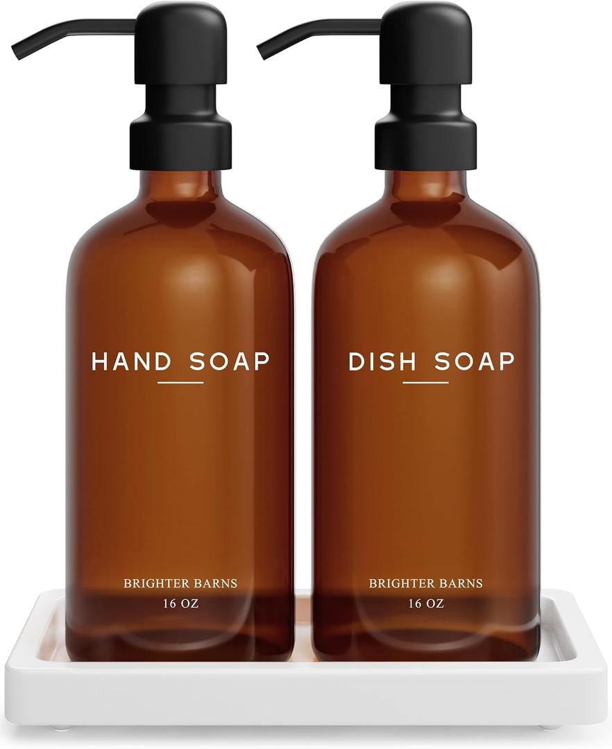 Amber Glass Hand and Dish Soap Dispenser Set by Brighter Barns - Kitchen Soap Dispenser Set with Tray for Kitchen, Airbnb, Vacation Rental or Restaurant - Modern Kitchen Decor & Accessories (Amber)