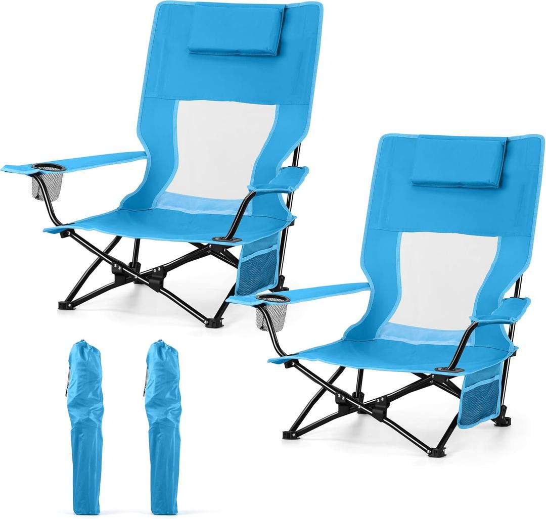 HaSteeL Low Beach Chairs, 2Pcs Folding Lawn Camping Chairs for Adults, Blue, Oversized