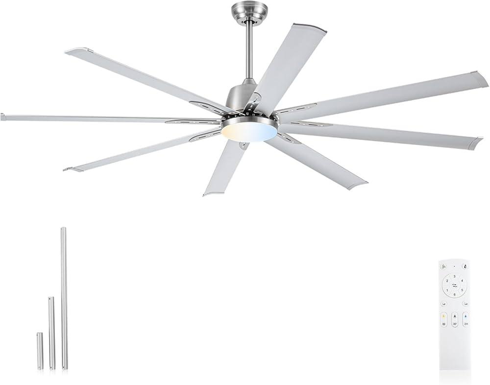 72 lnch lndustrial Celing Fan with Light and Remote Control, Large Celing Fan with 8 Brushed Nickel Aluminum Blades, 6 Speed Noiseless DC Motor, Wet Rated Indoor Outdoor Ceiling Fans for Patio, Garage