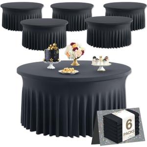 6 Pack Black Round Spandex Tablecloths for 60 inch Tables, Wrinkle Free Stretchy 120 inch Fitted Round Table Cloths Cover with Elegant Skirt for Wedding Birthday Parties Banquet