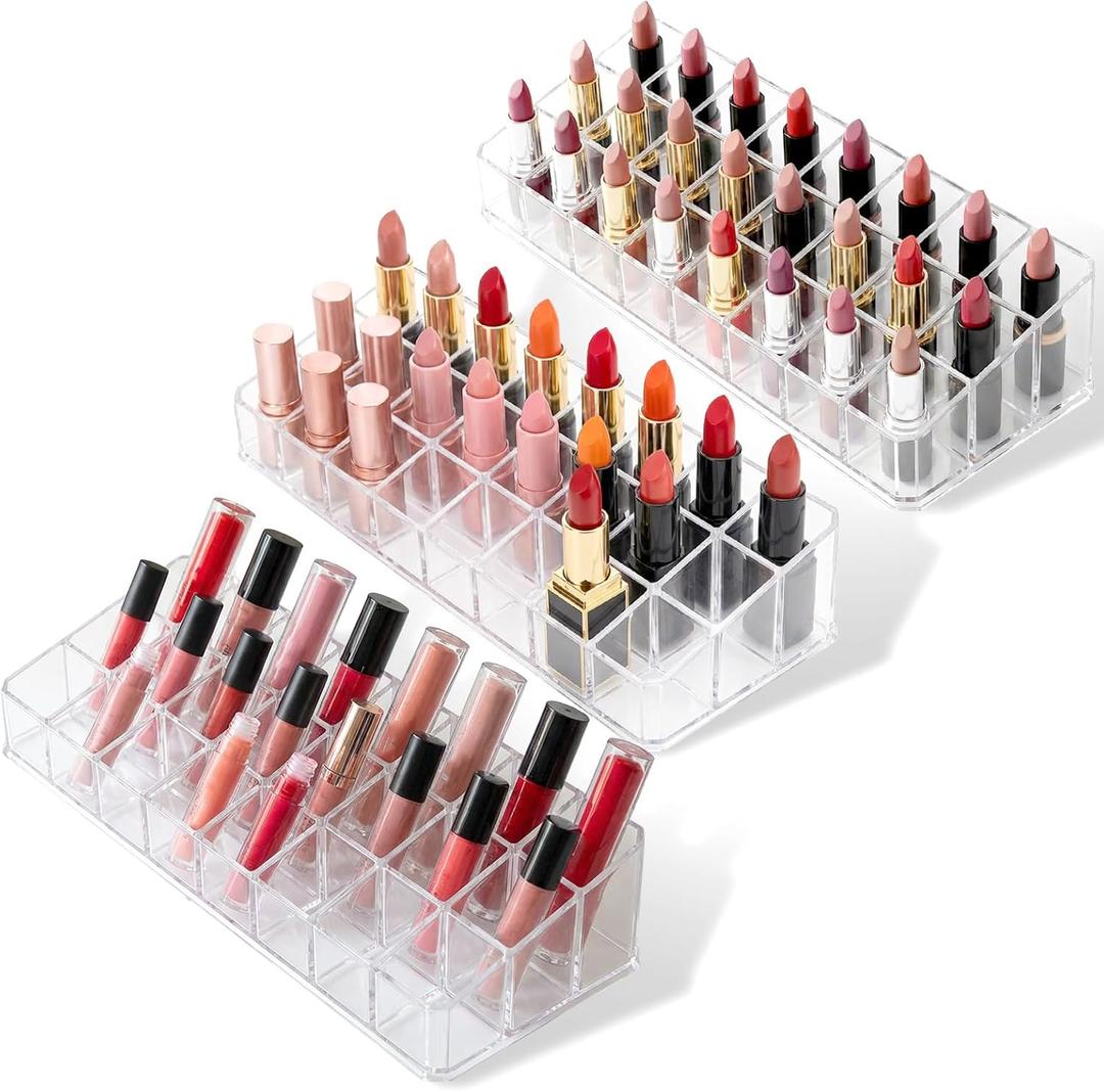 3 Pcs Clear Lipstick Organizer Acrylic Lip Gloss Holder Cosmetic Storage Lipstick Display Case for Women Perfume Sample Drawer Brushes Bottles Birthday Gift(24 Grid)