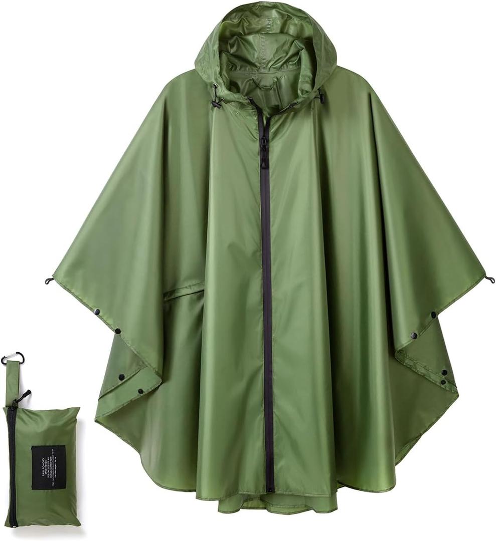 Fashion Hooded Rain Poncho Waterproof Raincoat Jacket with pocket for Women/Men/Adult (One Size, Army Green)